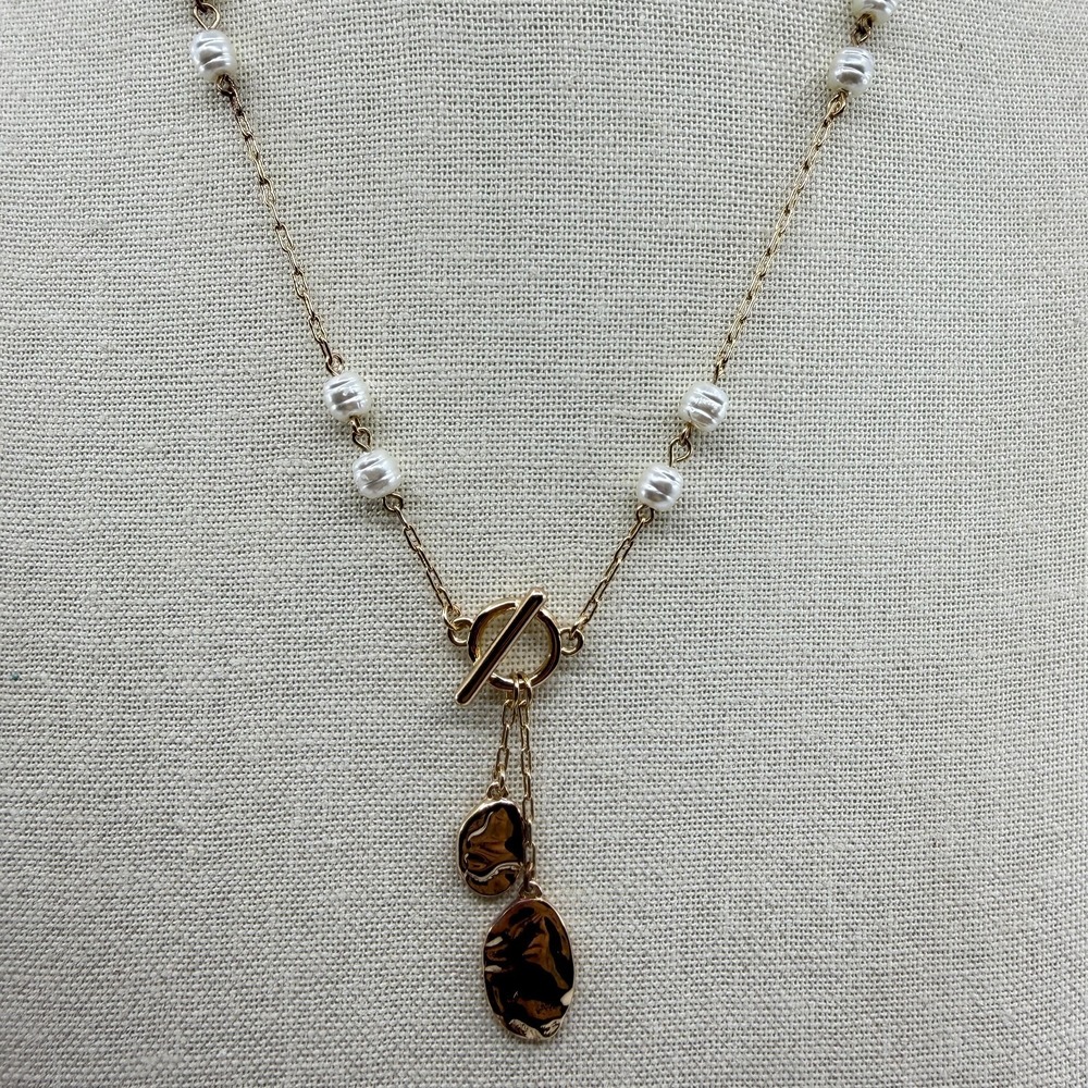 Gold Tone Chain Necklace Toggle Clasp with Pearl Accents and Dangle Charms Boho